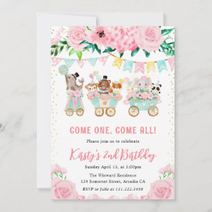 Watercolor Floral Pink Circus Animals Birthday Invitation