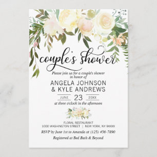 Watercolor Floral Pink Cream Ivory COUPLE'S Shower Invitation