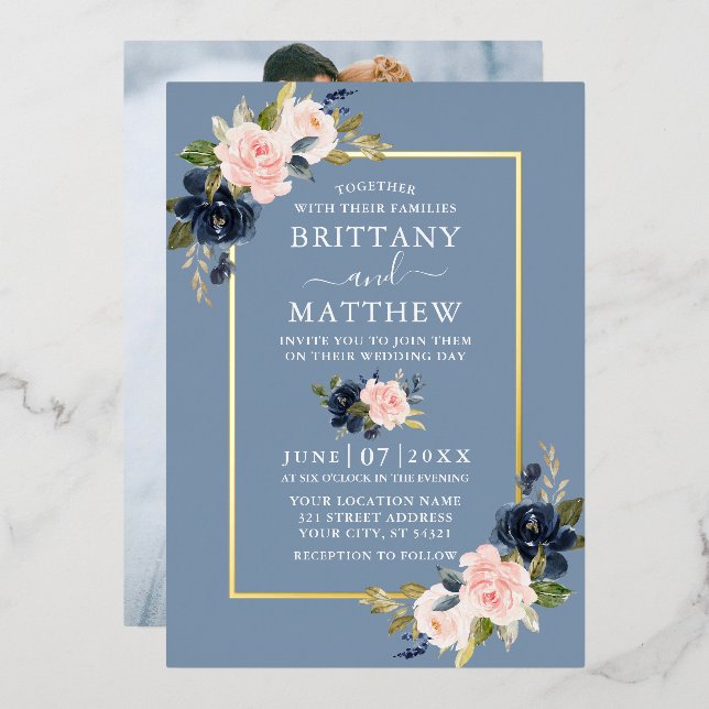 Watercolor Floral Pink Dusty Blue Photo Gold (Front/Back)