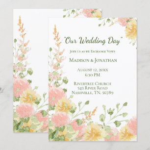 Watercolor Floral Pink Elegant Chic Green Script Invitation