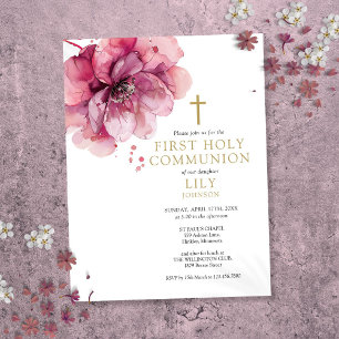 Watercolor Floral Pink First Holy Communion Invite Postcard
