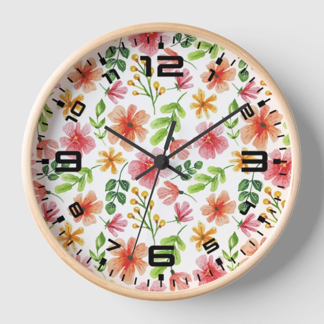 Watercolor Floral Pink Flowers Pattern-69677 Clock (Front)