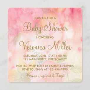 Watercolor Floral Pink Gold Baby Shower Invitation