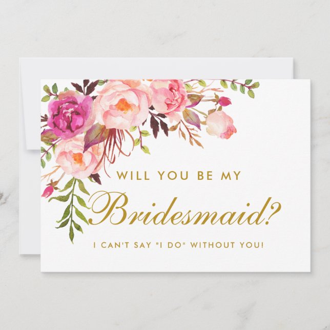 Watercolor Floral Pink Gold Bridesmaid Invitation (Front)