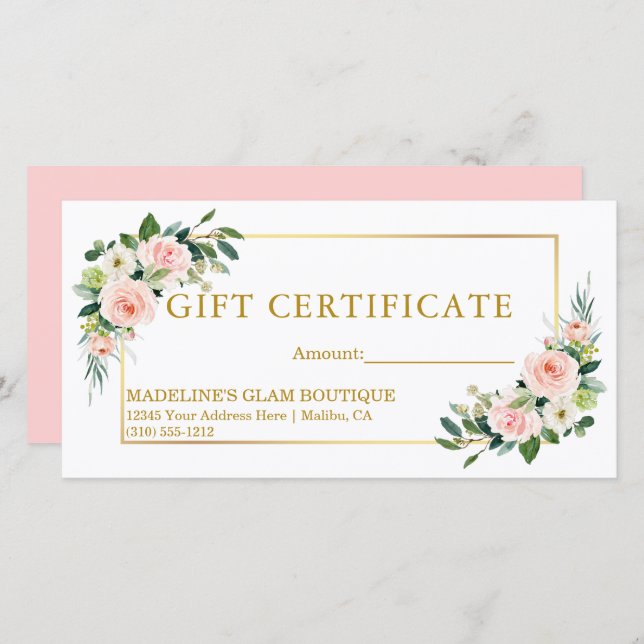 Watercolor Floral Pink Gold Gift Certificate (Front/Back)