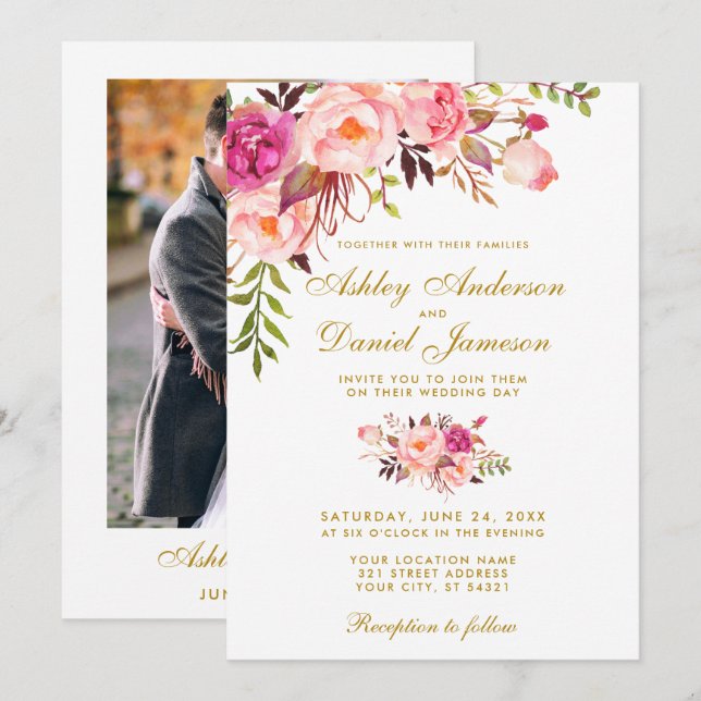 Watercolor Floral Pink Gold Photo Wedding Invitation (Front/Back)