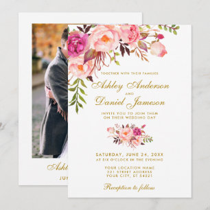 Watercolor Floral Pink Gold Photo Wedding Invitation