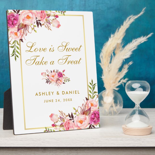 Watercolor Floral Pink Gold Wedding Treats Plaque (Side)