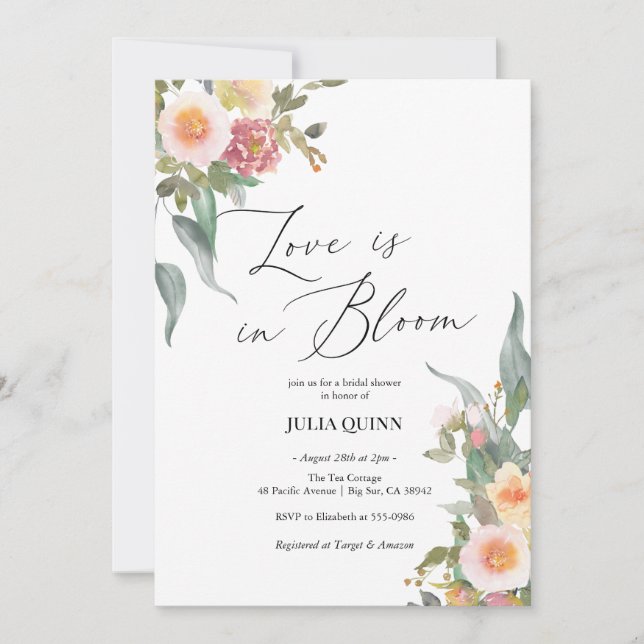 Watercolor Floral Pink Green Bridal Shower Invitation (Front)