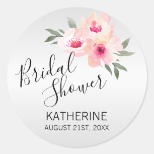 Watercolor Floral Pink Grey / Grey Bridal Shower Classic Round Sticker