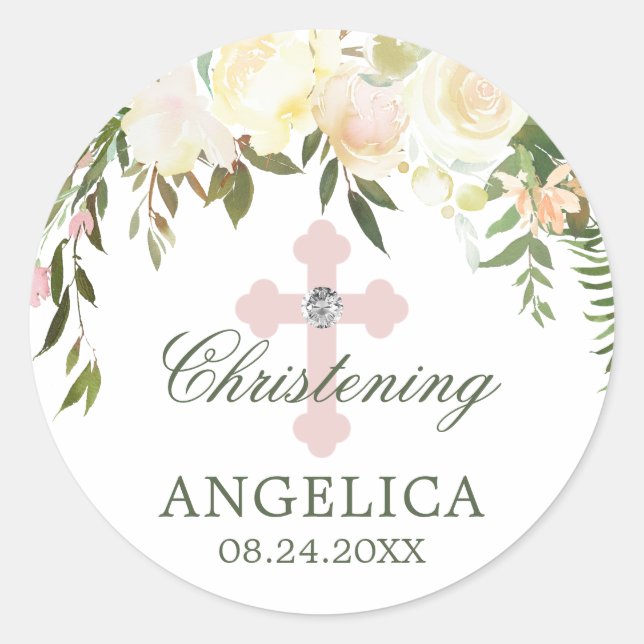 Watercolor Floral Pink Ivory Baptism Christening Classic Round Sticker (Front)