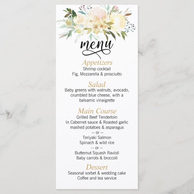 Watercolor Floral Pink Ivory Gold Wedding MENU (Front)