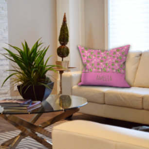 Watercolor floral pink kid name throw pillow