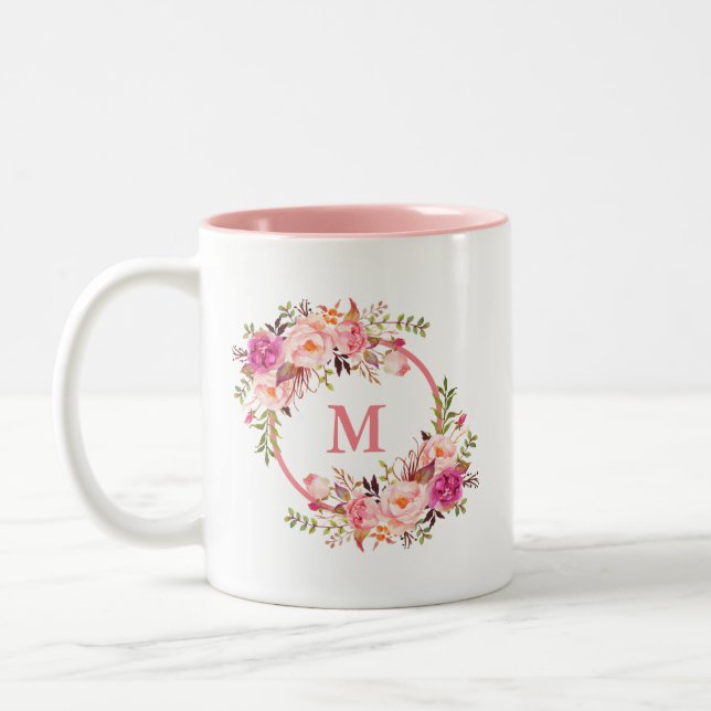 Watercolor Floral Pink Monogram Two-Tone Coffee Mug (Left)
