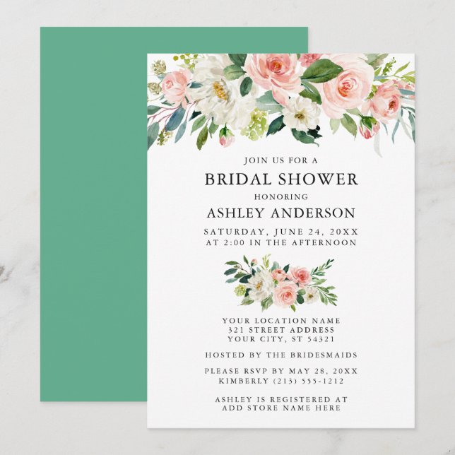 Watercolor Floral Pink Neo Mint Bridal Shower Invitation (Front/Back)
