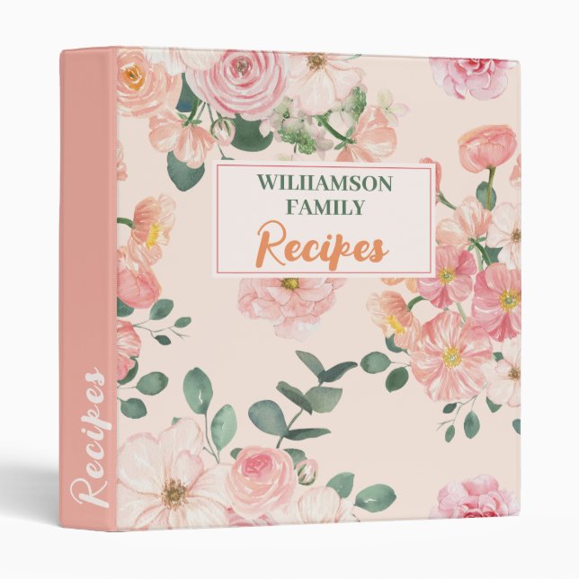 Watercolor floral pink peach Personalized Recipe  Binder (Front/Spine)