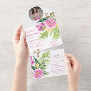 Watercolor Floral Pink Peonies Photo Quinceañera  All In One Invitation