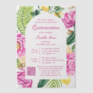 Watercolor Floral Pink Peonies QR Code Quinceañera Vellum Invitations