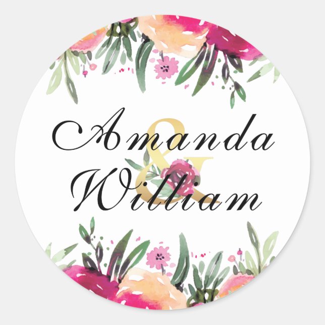Watercolor Floral Pink  Personalized Wedding Classic Round Sticker (Front)