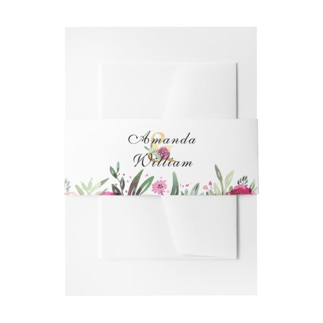 Watercolor Floral Pink Personalized Wedding Invitation Belly Band (Front Example)