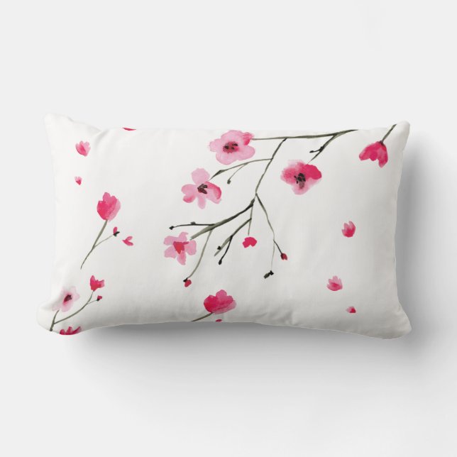 Watercolor Floral Pink Red Cherry Blossoms Lumbar Pillow (Front)