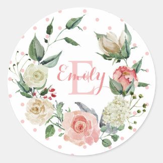Watercolor Floral Pink Rose Baby Girl Classic Round Sticker