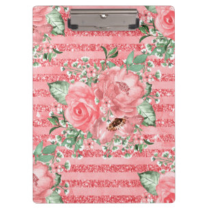 Watercolor Floral Pink Roses & Glitter Stripes Clipboard