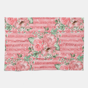 Watercolor Floral Pink Roses & Glitter Stripes Kitchen Towel