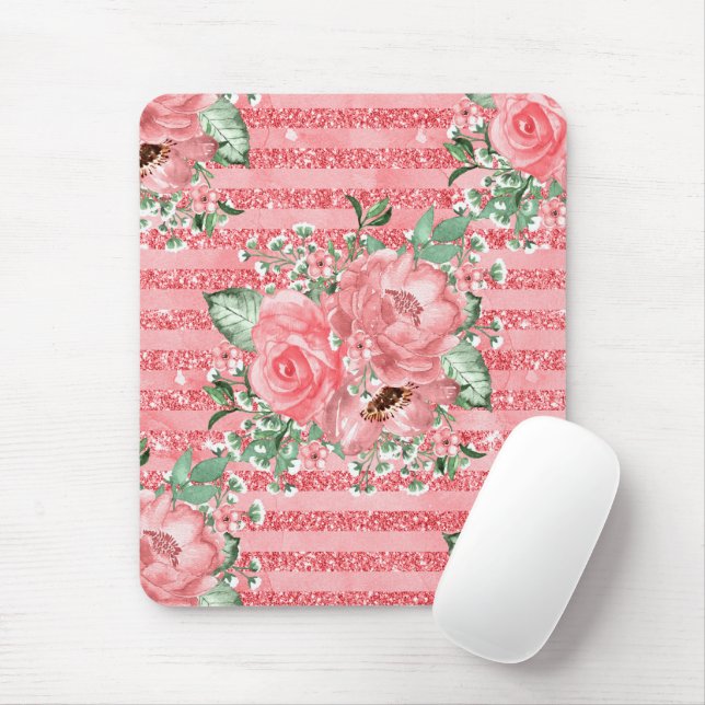 Watercolor Floral Pink Roses & Glitter Stripes Mouse Pad (With Mouse)