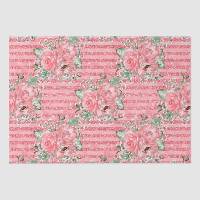 Watercolor Floral Pink Roses & Glitter Stripes Tissue Paper (Front)