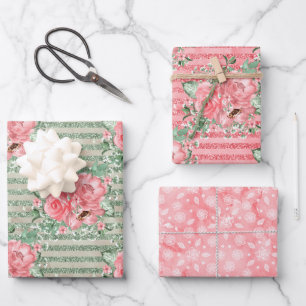 Watercolor Floral Pink Roses & Glitter Stripes Wrapping Paper Sheet