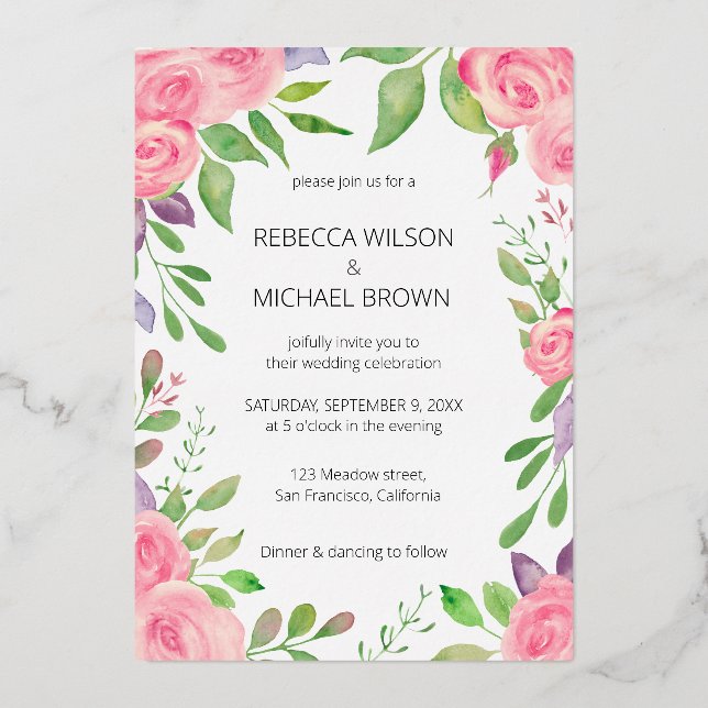 Watercolor Floral Pink Roses Name Invitation (Front)