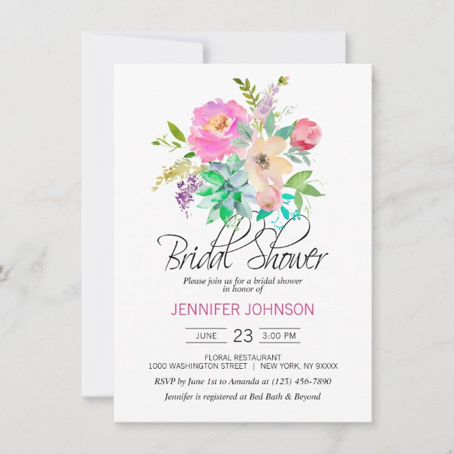 Watercolor Floral Pink Succulents Bridal Shower Invitation (Front)