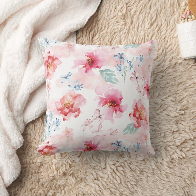 Watercolor Floral Pink Throw Pillow (Blanket)