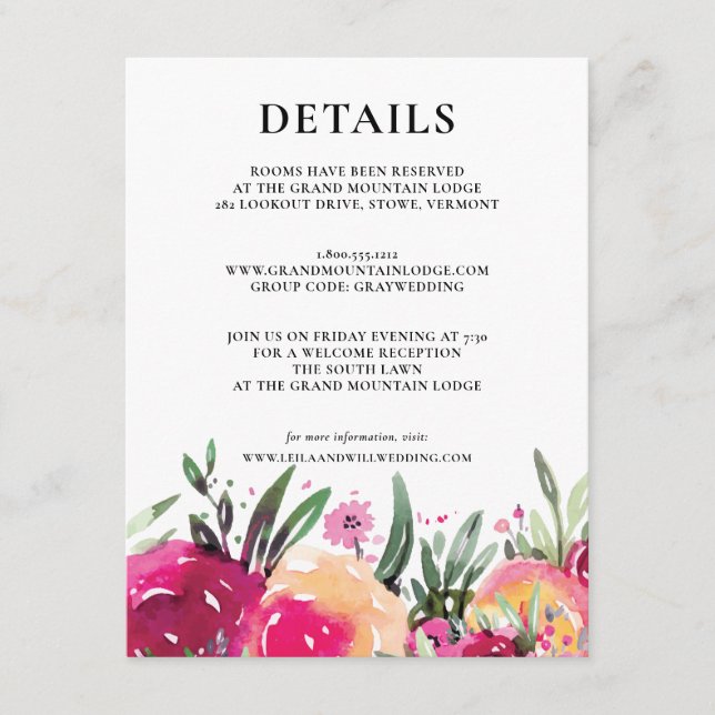 Watercolor Floral Pink Wedding Details Enclosure Card (Front)