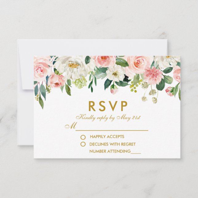 Watercolor Floral Pink White Gold RSVP Wedding (Front)