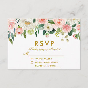 Watercolor Floral Pink White Gold RSVP Wedding Card
