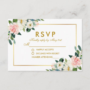 Watercolor Floral Pink White Gold Wedding RSVP Pk Card