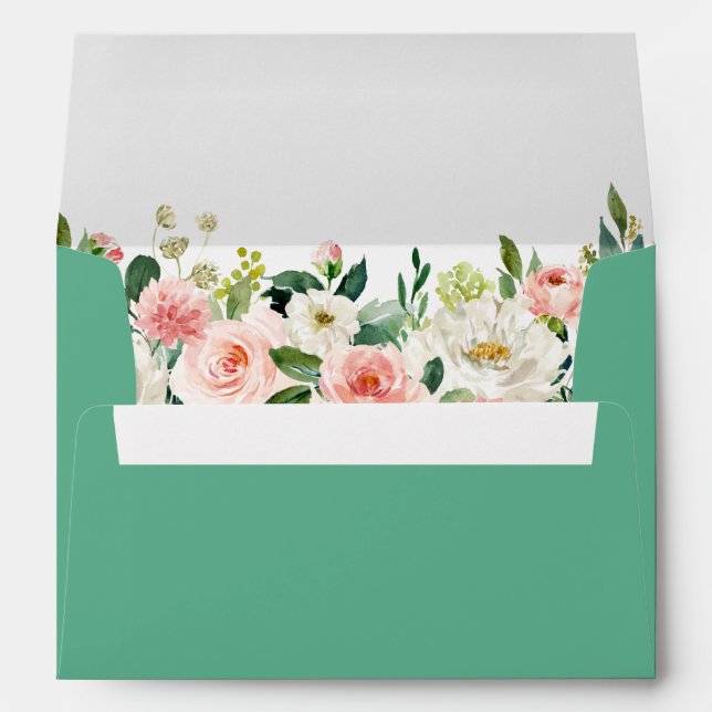 Watercolor Floral Pink White Wedding Neo Mint Envelope (Back (Bottom))