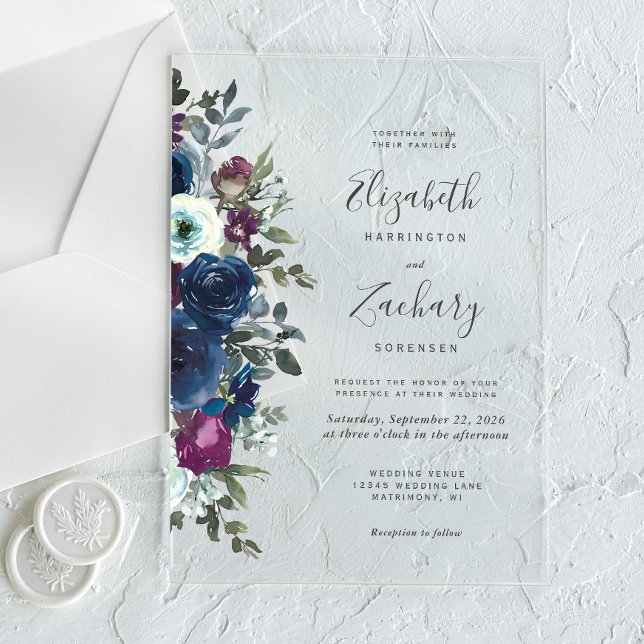 Watercolor Floral Plum Navy Blue Wedding Acrylic Invitations (Creator Uploaded)