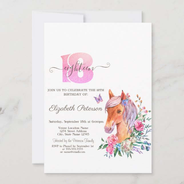Watercolor Floral Ponny 18th Birthday   Invitation (Front)