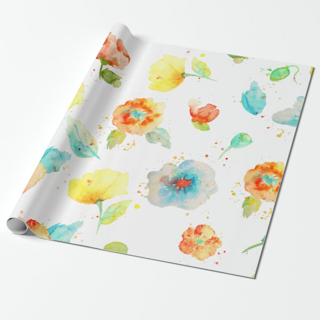 Watercolor floral poppy pattern Wrapping paper (Unrolled)