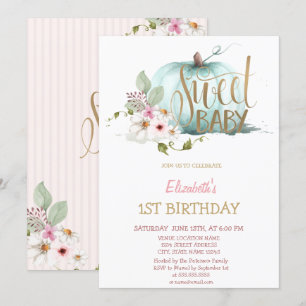 Watercolor Floral Pumpkin Striped Birthday  Invitation