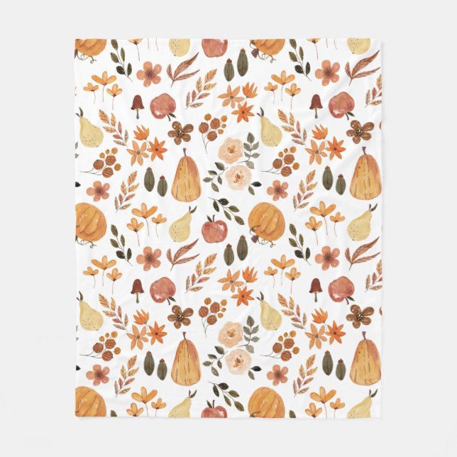 Watercolor Floral Pumpkins and Leaves  Fleece Blanket (Front)