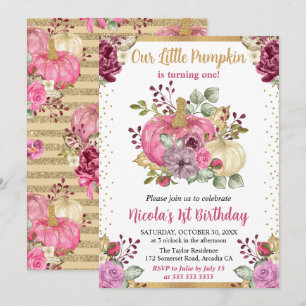 Watercolor Floral Pumpkins Fall 1st Birthday Invitation