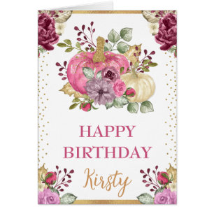 Watercolor Floral Pumpkins Fall Birthday Card