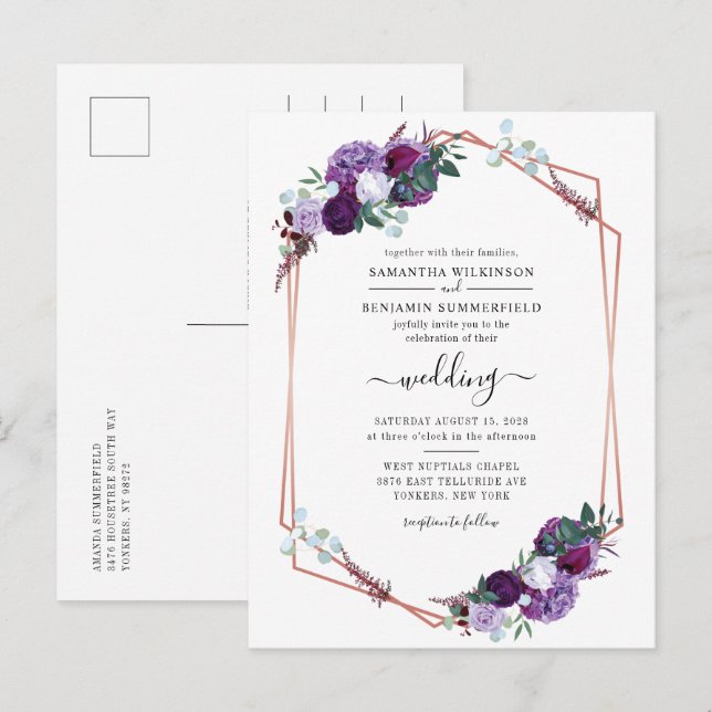 Watercolor Floral Purple Bloom Wedding Invitation Postcard (Front/Back)