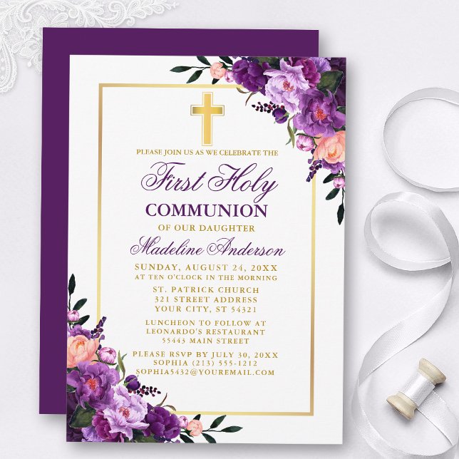 Watercolor Floral Purple Gold First Communion Invitation (Customize to change text color, style, add text & photos to back or change color of back of card.)