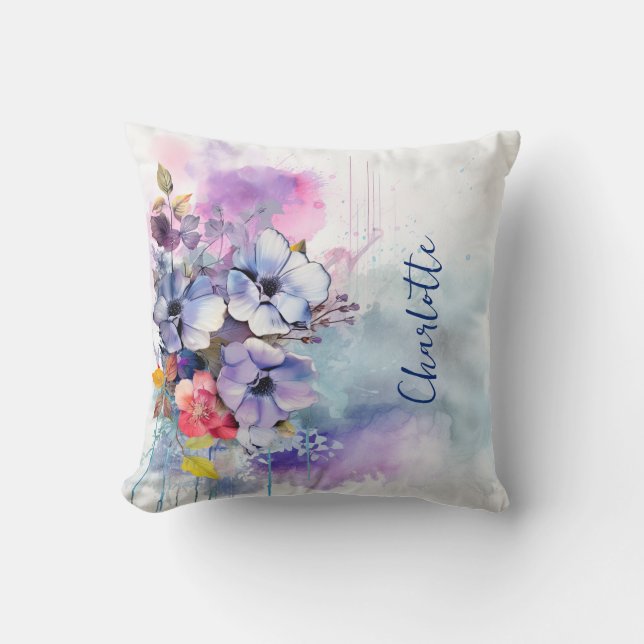 Watercolor Floral Purple Personalized Throw Pillow (Front)