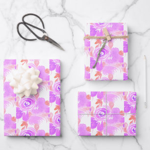 Watercolor Floral, Purple Pink Hand Painted Wrapping Paper Sheet